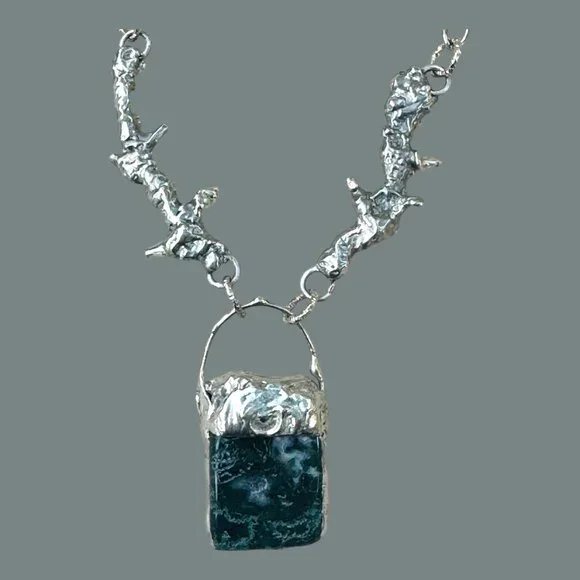 Moss Agate Pendant & Thorn Necklace Crafted with Silver Blend Boho Metalwork - Picture 7 of 16